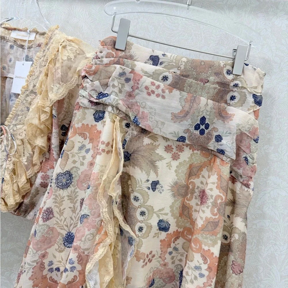 Zimmermann Floral Lace Tiered High-Low Midi Skirt in Cream with Pastel Accents